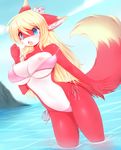  2017 accidental_exposure anthro big_breasts bikini blonde_hair blue_eyes breasts canine clothing crown crunchobar female fox fur hair long_hair mammal multicolored_fur nipples open_mouth red_fur sea solo surprise swimsuit two_tone_fur two_tone_tail water 