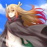  blonde_hair closed_mouth cutefreak day dragon_girl dragon_horns dragon_tail fang frown gradient_hair hair_down highres horns kobayashi-san_chi_no_maidragon light_censor long_hair multicolored_hair naked_cloak navel orange_eyes outdoors red_hair scales slit_pupils solo tail tooru_(maidragon) 