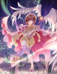  antenna_hair blue_legwear bow brown_hair building cape cardcaptor_sakura cityscape full_moon green_eyes hat hoshi_no_tsue kinomoto_sakura magical_girl moon ozzingo shorts smile sparkle staff thighhighs wings 