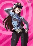  abstract_background alternate_costume animal_print bangs belt_buckle black_pants blue_shirt breast_pocket breasts brown_eyes brown_hair buckle bunny_print collared_shirt contrapposto cowboy_shot d.va_(overwatch) facepaint facial_mark female_service_cap gloves grin hand_on_headwear hand_on_hip highres kukuruyo lazy_eye long_hair long_sleeves looking_at_viewer medium_breasts necktie officer_d.va overwatch pants patreon_logo pink_background pocket shirt smile solo standing striped striped_neckwear swept_bangs watermark web_address whisker_markings white_gloves 