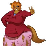  anthro blush canine clothed clothing female fur hair looking_at_viewer mammal obese overweight porin smile solo standing teeth 