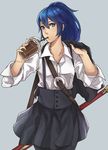  alternate_costume blue_eyes blue_hair commentary contemporary falchion_(fire_emblem) fire_emblem fire_emblem:_kakusei kamu_(kamuuei) long_hair looking_at_viewer lucina ponytail simple_background smile solo sword weapon white_background 