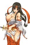  :o armpit_peek ass_visible_through_thighs bangs bare_shoulders bell black_hair blush breasts cameltoe cleavage collarbone eyebrows_visible_through_hair fingernails fundoshi groin hair_tie hakama headband highres holding holding_sword holding_weapon japanese_clothes jingle_bell kimono large_breasts legs_together long_hair long_sleeves looking_at_viewer low-tied_long_hair miko off_shoulder open_mouth oteruko_(wanabeee) purple_eyes queen's_blade red_hakama ribbon-trimmed_sleeves ribbon_trim shiny shiny_skin sidelocks simple_background solo standing sweatdrop sword thigh_gap tomoe torn_clothes torn_hakama torn_kimono v-shaped_eyebrows wardrobe_malfunction weapon white_background white_kimono wide_sleeves 