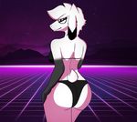  anthro arin armpits big_butt bikini black_arms black_eyes black_nipples breasts butt caprine clothing eyewear female fur glasses goat hair hi_res horn looking_at_viewer looking_back mammal mustarrboy nipples pose seductive smile solo swimsuit white_eyes white_fur white_hair 