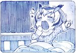  bed bed_sheet blue blush closed_eyes commentary curtains fur_collar indoors kemono_friends long_sleeves monochrome northern_white-faced_owl_(kemono_friends) open_mouth outstretched_arm pajamas sakino_shingetsu short_hair tears trembling yawning 
