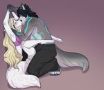  anthro armpits blush bulge canine clothed clothing domination duo female foreplay kissing lavenderpandy male male/female male_domination mammal open_mouth 