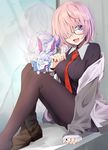  absurdres boots breasts fate_(series) glasses hair_over_one_eye highres jacket kazenoko mash_kyrielight medium_breasts necktie open_mouth pantyhose purple_eyes red_neckwear sitting smile 