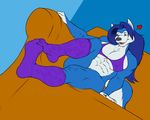  &lt;3 2015 anthro big_breasts blue_fur blue_hair bra breasts canine clothing female fur hair hopey legwear mammal modem_redpill multicolored_fur muscular muscular_female sitting smile socks solo two_tone_fur underwear white_fur wolf 