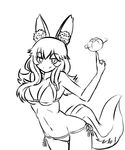  bikini commentary english_commentary fate/extra fate/grand_order fate_(series) greyscale highres invader long_hair midriff monochrome navel smile spinning swimsuit tamamo_(fate)_(all) tamamo_no_mae_(fate) tamamo_no_mae_(swimsuit_lancer)_(fate) tomato 
