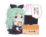  black_legwear blue_eyes blush box cardboard_box chibi commentary_request crying crying_with_eyes_open detached_sleeves green_hair hair_between_eyes hair_ornament hair_ribbon hairclip kantai_collection long_hair mikan_box no_shoes nose_blush open_mouth ribbon sitting solo tears television_screen translation_request wariza watanon_(gakushokutei) wavy_mouth white_background yamakaze_(kantai_collection) 