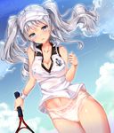  alternate_costume bare_shoulders breasts cleavage cloud cloudy_sky collarbone covered_nipples day dutch_angle fukuda_shuushi highres kantai_collection kashima_(kantai_collection) large_breasts long_hair looking_at_viewer no_pants panties parted_lips racket shiny shiny_skin shirt sidelocks sky sleeveless sleeveless_shirt solo sportswear tennis_racket tennis_uniform thighs twintails underwear wavy_hair white_panties white_shirt 