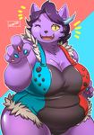  2017 big_breasts breasts cat catty_(undertale) claws clothed clothing fangs feline hair hi_res mammal multicolored_hair nintendo nintendo_switch ocaritna one_eye_closed open_mouth overalls purple_hair simple_background slightly_chubby smile undertale video_games voluptuous wink 