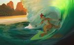  akitamonster anthro blue_eyes brown_fur day detailed_background female flat_chested fur hair kangaroo mammal marsupial nude outside red_hair smile solo standing surfing tan_fur water 