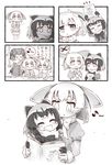  animal_ears blush book bow bowtie coat commentary common_raccoon_(kemono_friends) eighth_note eurasian_eagle_owl_(kemono_friends) fennec_(kemono_friends) fox_ears fur_collar gloves greyscale head_wings highres kemono_friends long_sleeves monochrome multicolored_hair multiple_girls music musical_note northern_white-faced_owl_(kemono_friends) open_mouth raccoon_ears short_hair short_sleeves singing skirt smile speech_bubble spoken_musical_note tail thick_eyebrows toshi_mellow-pretty translated wings 