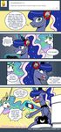  2017 blue_eyes blue_feathers blue_hair blush cosmic_hair crown cutie_mark dialogue duo english_text equine feathered_wings feathers female feral friendship_is_magic hair headphones hi_res horn jewelry john_joseco magic mammal my_little_pony necklace princess_celestia_(mlp) princess_luna_(mlp) text toilet unicorn winged_unicorn wings 