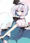  black_hairband blue_eyes blush collared_shirt cowboy_shot enelis flower hairband hitodama katana konpaku_youmu konpaku_youmu_(ghost) looking_at_viewer neck_ribbon petals ribbon scabbard sheath shirt short_hair silver_hair skirt skirt_set solo sword touhou unsheathed vest weapon 