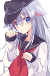  anchor_symbol animal_ears blue_eyes blush cat_ears flat_cap hat hibiki_(kantai_collection) kantai_collection kemonomimi_mode long_hair long_sleeves neckerchief paw_pose paw_print school_uniform serafuku shugao silver_hair smile solo upper_body very_long_hair 