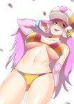  :&gt; :d adjusting_hair akoniii alternate_costume aqua_bikini arcade_miss_fortune arm_behind_back arm_up ass_visible_through_thighs bangs bikini blue_eyes blush bracelet breasts breasts_apart cabbie_hat clenched_hand collarbone colored_stripes cowboy_shot detached_sleeves dutch_angle eyebrows_visible_through_hair eyes_visible_through_hair from_below hair_flip halterneck hat headphones heart hip_bones hips jewelry large_breasts league_of_legends lips long_hair looking_at_viewer navel open_mouth pink_bikini pink_hair pink_lips pixelated red_pupils sarah_fortune simple_background smile solo standing star string_bikini striped striped_bikini swept_bangs swimsuit thighs toned underboob vertical-striped_bikini vertical_stripes very_long_hair white_background white_hat yellow_bikini 