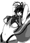  animal_ears antenna_hair arms_behind_head bad_id bad_pixiv_id blazblue breasts crop_top highleg highres huge_breasts lineart makoto_nanaya mochi_(mocho) monochrome navel open_mouth short_hair solo squirrel_ears squirrel_girl squirrel_tail tail underboob 