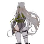  1girl animal_ears ass asymmetrical_clothes asymmetrical_pants bare_shoulders braid commentary_request facing_away girls_frontline gloves grey_hair grey_pants hair_blowing hair_ornament highres jacket ksvk_(girls_frontline) leg_strap leotard long_hair mechanical_arm pandea_work pants pouch ribbed_leotard solo thigh_gap very_long_hair white_background 