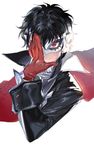  amamiya_ren black_hair code_geass fukuyama_jun gloves holy_pumpkin lelouch_lamperouge male_focus mask persona persona_5 pose red_eyes red_gloves seiyuu_connection smile solo twitter_username upper_body 