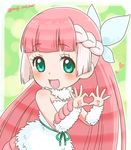  :d arm_warmers armadillo_tail bangs belt blunt_bangs blush body_blush border braid dress eyebrows eyebrows_visible_through_hair eyelashes fairy_wings french_braid fukai_(yas_lions) fur_collar green_background green_belt green_eyes green_ribbon head_wreath_removed heart heart_hands jpeg_artifacts kemono_friends long_hair looking_at_viewer mini_wings multicolored_hair open_mouth outside_border pink_fairy_armadillo_(kemono_friends) ribbon rounded_corners shiny shiny_skin sleeveless sleeveless_dress smile solo strapless strapless_dress tail tareme twitter_username two-tone_hair upper_body white_border white_dress wings 