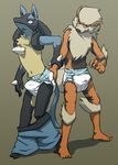  anthro arcanine bulge clothed clothing crackajackin diaper lucario male male/male nintendo pants_down partially_clothed pok&eacute;mon simple_background tenting video_games 