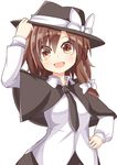  aki_chimaki bow brown_eyes brown_hair cape hair_bow hand_on_headwear hand_on_hip hat hat_bow hat_ribbon necktie open_mouth ribbon shirt simple_background solo touhou usami_renko white_background white_bow white_shirt 