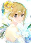  atsumi_jun bangs bare_shoulders blonde_hair blue_eyes chromatic_aberration closed_mouth dress eyebrows_visible_through_hair flower from_side hair_between_eyes hair_flower hair_ornament lily_(flower) looking_at_viewer looking_back original solo tears twitter_username white_dress white_flower yellow_flower 