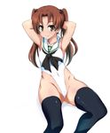  1girl armpits blush breasts brown_eyes brown_hair cameltoe girls_und_panzer kadotani_anzu leotard ouhashi small_breasts smile solo thighhighs twintails 