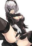  ass atoshi black_gloves black_legwear blindfold breasts cleavage covered_nipples dress gloves hairband highres leotard leotard_aside medium_breasts mole mole_under_mouth multicolored multicolored_clothes multicolored_gloves nier_(series) nier_automata partially_visible_vulva short_hair skindentation skirt solo thighhighs thighs white_gloves white_hair yorha_no._2_type_b 