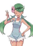 ;d apron bangs bare_shoulders breasts collarbone cropped_legs dark_skin eyebrows_visible_through_hair flower green_eyes green_hair hair_flower hair_ornament hand_on_hip highres hips ladle mao_(pokemon) medium_breasts one_eye_closed open_mouth pink_shirt pokemon pokemon_(game) pokemon_sm shirt simple_background sleeveless sleeveless_shirt smile solo supernew swept_bangs thighs trial_captain twintails white_background 