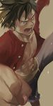  abs bare_chest black_eyes black_hair buttons chest clenched_hand collarbone d: foreshortening from_side koga leg_up long_sleeves male_focus monkey_d_luffy one_piece open_clothes open_mouth open_shirt scar shirt shorts simple_background solo sparks v-shaped_eyebrows 