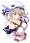  bare_shoulders beret between_breasts blue_eyes breasts collarbone cucouroux_(granblue_fantasy) detached_sleeves granblue_fantasy hair_ribbon hat long_hair medium_breasts min-naraken parted_lips ribbon skirt solo twintails upper_body wavy_hair 
