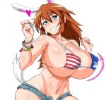  1girl absurdres american_flag_bikini animal_ears bikini blue_eyes blush bouncing_breasts breasts brown_hair bunny_ears bunny_tail charlotte_e_yeager collarbone curvy erect_nipples eyebrows eyebrows_visible_through_hair flag_print grin groin heart highres huge_breasts long_hair looking_at_viewer navel open_clothes open_shorts shiny shiny_hair shiny_skin short_shorts shorts simple_background smile solo strike_witches swimsuit swimwear tail tavor_(m_tavor) teeth white_background wide_hips world_witches_series 