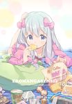  3: amana_(pocketkey) bangs barefoot blue_eyes blush bow calbee_(potato_chips) character_name chips closed_mouth commentary_request copyright_name eating eromanga_sensei feet_up food food_in_mouth frills grey_hair hair_bow highres izumi_sagiri long_hair long_sleeves looking_at_viewer lying on_stomach pajamas pillow pink_bow potato_chips silver_hair snack solo 