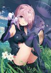  bangs black_gloves black_legwear black_leotard blue_sky blush book boots breasts cloud cloudy_sky commentary_request day elbow_gloves eyebrows_visible_through_hair fate/grand_order fate_(series) flower fou_(fate/grand_order) gloves grass hair_over_one_eye highres leotard looking_at_another mash_kyrielight medium_breasts on_shoulder open_book open_mouth outdoors purple_eyes purple_gloves purple_hair purple_legwear shield short_hair sky smile solo tetsujin_momoko thighs white_flower 