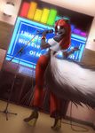  2017 5_fingers anthro clothed clothing detailed_background female fluffy fluffy_tail green_eyes hair holding_object mammal mykegreywolf open_mouth red_hair skunk smile solo teeth tongue wide_hips 