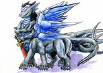  cervelet dragon dragontaur drognarus horn male melee_weapon multi_arm multi_eye multi_leg multi_limb multi_tail multi_wing polydactyly sword taur thick_tail weapon wings 