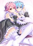  asaba blue_eyes blue_hair breasts cleavage detached_sleeves hair_ornament hair_ribbon looking_at_viewer maid maid_headdress medium_breasts multiple_girls pink_hair purple_ribbon ram_(re:zero) re:zero_kara_hajimeru_isekai_seikatsu red_eyes rem_(re:zero) ribbon short_hair siblings sisters smile thighhighs twins white_legwear x_hair_ornament 