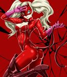  1girl ;p aqua_eyes artist_request ass blonde_hair bodysuit boots breasts cleavage gloves hairclip high_heel_boots high_heels latex long_hair looking_at_viewer mask persona persona_5 shiny shiny_clothes shiny_hair smile solo takamaki_anne thigh_boots twintails v whip zipper 