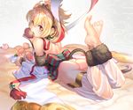  andira_(granblue_fantasy) animal_ears artist_name ass bad_id bad_pixiv_id barefoot blonde_hair blurry detached_sleeves feet food food_on_face from_behind fruit granblue_fantasy holy_pumpkin looking_back lying monkey_ears monkey_tail on_stomach open_mouth peach solo tail the_pose yellow_eyes 