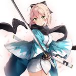  bangs black_bow blonde_hair blush bow closed_mouth commentary_request cowboy_shot eyebrows_visible_through_hair fate_(series) green_eyes hair_between_eyes hair_bow half_updo haori highres holding holding_sheath holding_sword holding_weapon japanese_clothes katana kimono koha-ace kuran_(yourcatissick) light_smile looking_at_viewer okita_souji_(fate) okita_souji_(fate)_(all) petals sheath short_hair short_kimono solo sword unsheathed weapon white_background white_kimono 