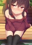  bare_shoulders bench between_legs black_legwear blush bow breasts brown_hair casual dress eyebrows_visible_through_hair foreshortening from_above hair_bow hakurei_reimu hand_between_legs knees_together_feet_apart long_hair looking_at_viewer looking_up minamura_haruki off-shoulder_sweater off_shoulder red_eyes shirt_tug sidelocks sitting sleeves_past_wrists small_breasts solo sweatdrop sweater sweater_dress thighhighs touhou 