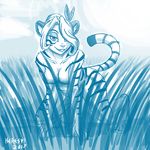  2017 anthro blue_and_white breasts claws eyelashes featureless_breasts feline female fur grass grin hair hair_over_eye half-closed_eyes heresy_(artist) iris_(twokinds) keidran mammal monochrome nude signature smile solo striped_fur stripes tiger toe_claws twokinds 