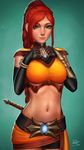  belt braid breasts cassie_(paladins) cowboy_shot fingerless_gloves freckles gloves green_eyes hands_on_own_chest highres large_breasts long_hair looking_at_viewer midriff paladins realistic red_hair sciamano240 smile solo 