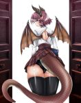  1girl ass backless_outfit black_legwear black_panties book commentary_request cowboy_shot dragon_girl dragon_horns dragon_tail dragon_wings expressionless from_behind granblue_fantasy grea_(shingeki_no_bahamut) highres holding holding_book horns long_sleeves looking_at_viewer looking_back manaria_friends open_door panties plaid plaid_skirt pointy_ears purple_eyes purple_hair shingeki_no_bahamut shirt short_hair simple_background skirt solo tail thighhighs tk_(butakuma) underwear white_background white_shirt wings 