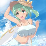  :d arm_up bare_arms bare_shoulders bikini bikini_skirt blue_sky blush breasts cloud collarbone crop_top crop_top_overhang daiyousei day fairy_wings green_eyes green_hair hair_between_eyes hand_on_headwear hand_up hat hat_ribbon highres kuromu_(underporno) long_hair medium_breasts midriff navel open_mouth outdoors partially_submerged ribbon side_ponytail sky smile solo stomach swimsuit tan tanline touhou upper_body water wet wings 