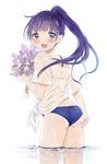  absurdres ass bikini bikini_under_clothes blue_bikini blue_eyes flower from_behind highres kenmotsu_chiyo long_hair looking_at_viewer looking_back open_mouth original ponytail purple_hair see-through shirt simple_background solo swimsuit t-shirt tied_shirt wading white_background 