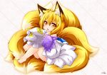  animal_ear_fluff animal_ears barefoot blonde_hair fang fox_ears fox_tail hat hat_removed headwear_removed highres kazami_karasu looking_at_viewer mob_cap multiple_tails open_mouth short_hair solo tail touhou wide_sleeves yakumo_ran yellow_eyes 